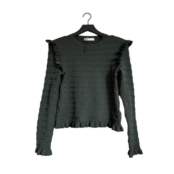 NWOT ZARA Pointelle Ruffle Knit Long-Sleeve in Hunter Green - Picture 1 of 1
